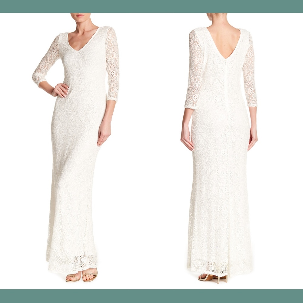 NWT $169 Marina Sequined Lace Gown with 3/4 Sleeve in‎ Ivory [SZ 8 ]